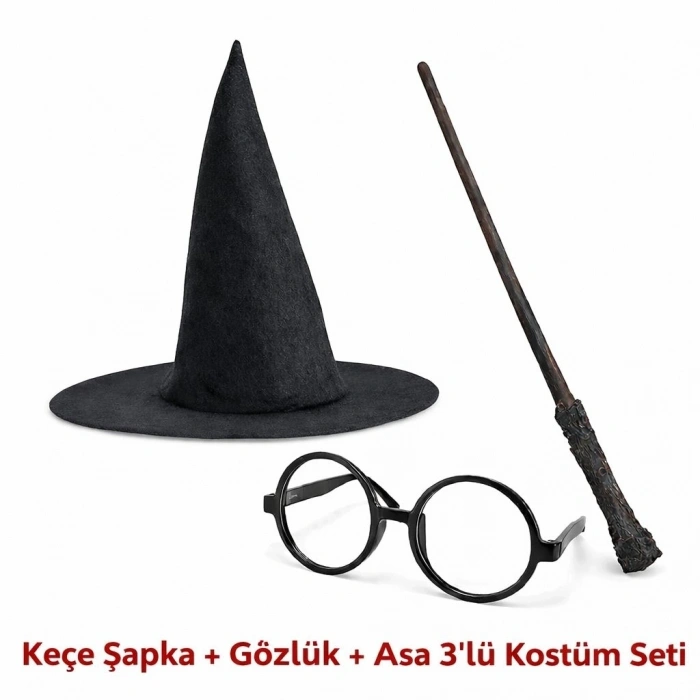 CEYLAN ADAM Harry Potter Tarzı Çocuk Seti (siyah Keçe Şapka, Asa, Gözlük)
