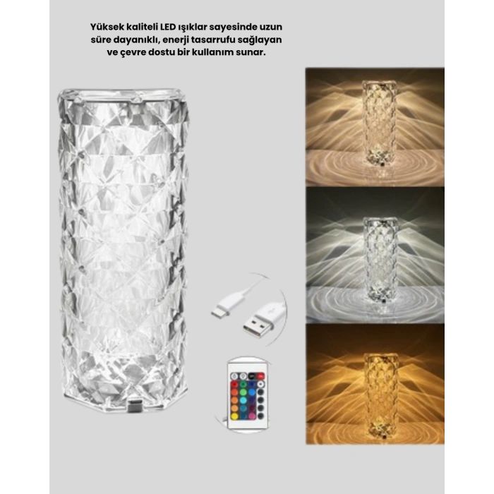 CEYLAN ADAM Kristal RGB LED’li Kumandalı Masa ve Gece Lambası – Renkli Işık Modlarıyla Şık Dekoratif Aydınlatma