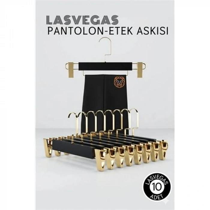 CEYLAN ADAM LasVegas  Siyah Ahşap Pantolon ve Etek Askı Seti 10lu Set, Lüks Amerikan Kancalı