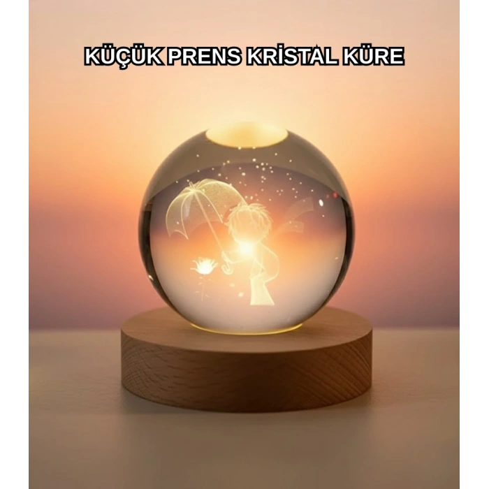 CEYLAN ADAM Masif Ahşap Standlı 3D Küçük Prens Kristal Top USB Gece Lambası Sıcak Işık