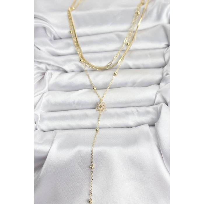 CEYLAN ADAM Pirinç Gold Renk Kutup Yıldızı Model Detaylı 3lü Kombin Y Kadın Kolye