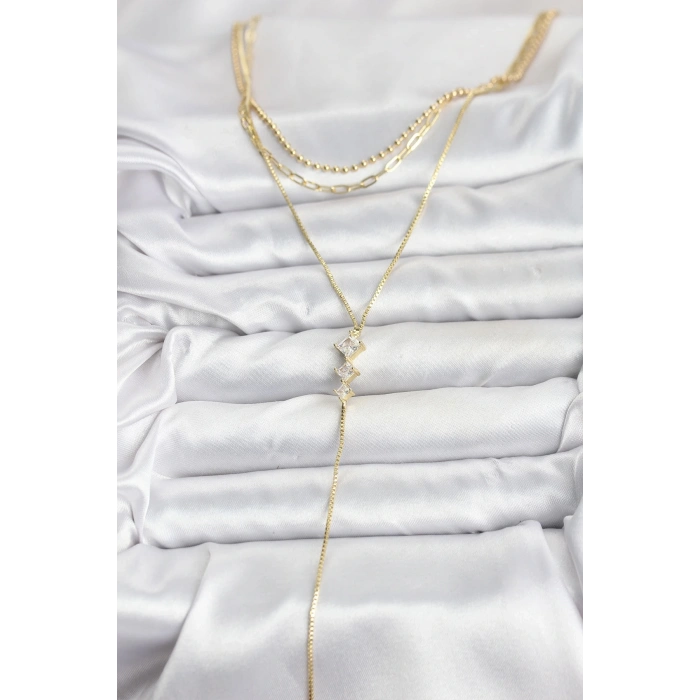 CEYLAN ADAM Pirinç Gold Renk Zirkon Taş Detaylı 3lü Kombin Y Kadın Kolye