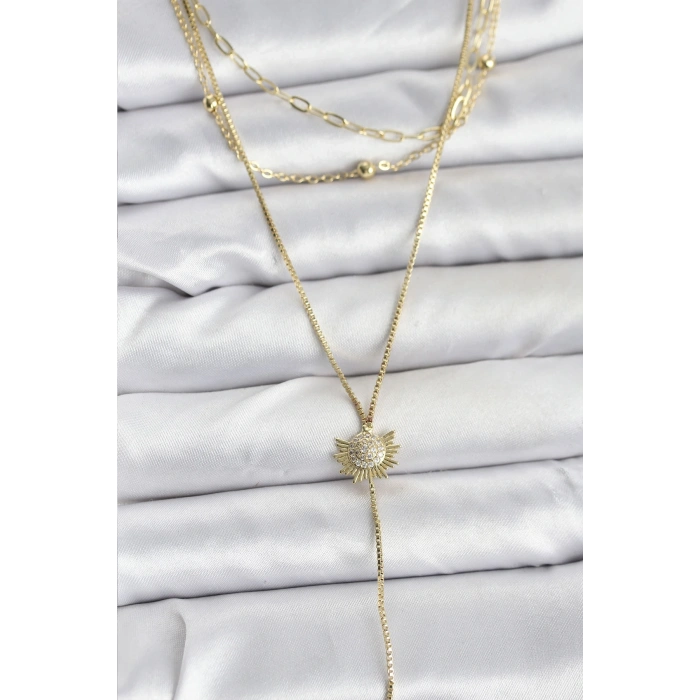 CEYLAN ADAM Pirinç Gold Renk Zirkon Taşlı Güneş Model Detaylı 3lü Kombin Y Kadın Kolye