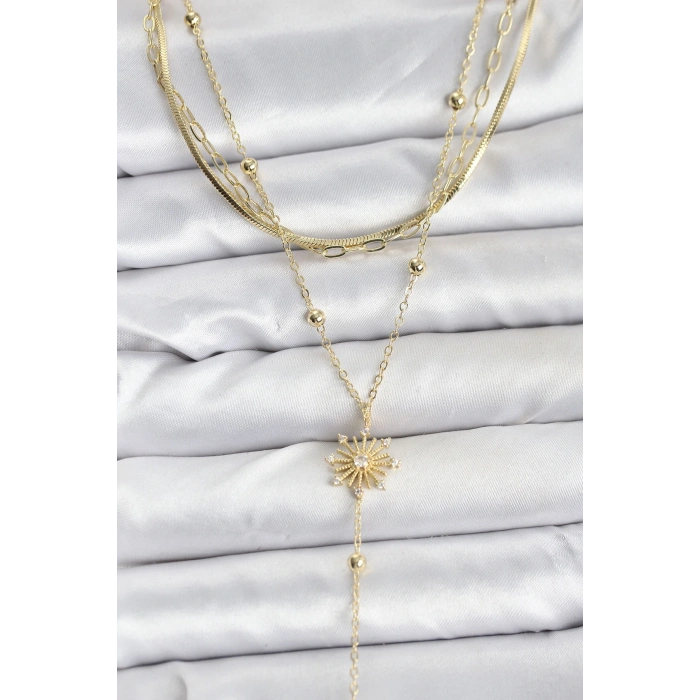 CEYLAN ADAM Pirinç Gold Renk Zirkon Taşlı Model Detaylı 3lü Kombin Y Kadın Kolye