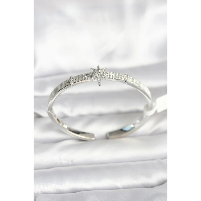 CEYLAN ADAM Pirinç Gümüş Renk Kutup Yıldızı Model Kadın Kelepçe Bileklik