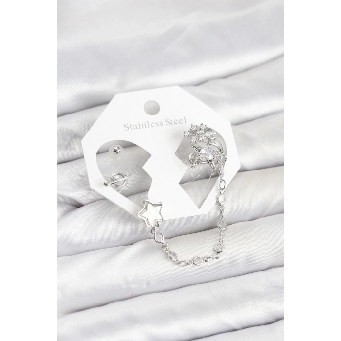 CEYLAN ADAM Pirinç Gümüş Renk Yıldız Model Zincir Bağlantılı Ear Cuff Küpe Seti