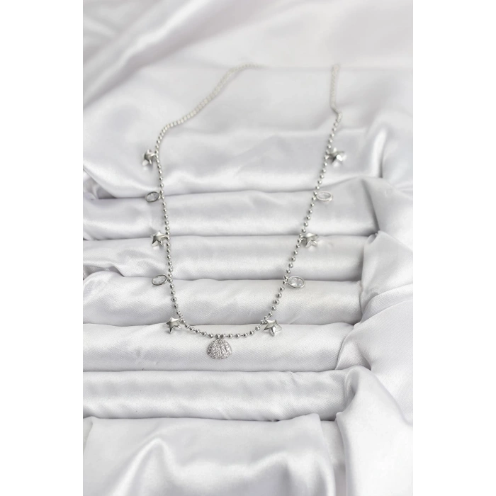 CEYLAN ADAM Pirinç Gümüş Renk Zirkon Taşlı Deniz Kabuğu Model Kadın Kolye