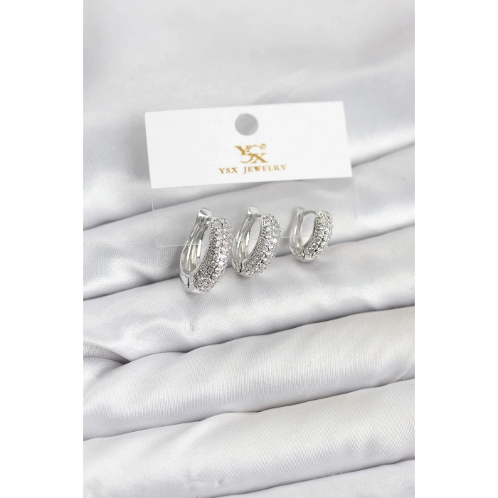 CEYLAN ADAM Pirinç Gümüş Renk Zirkon Taşlı Halka Model YSX Trio Küpe Seti