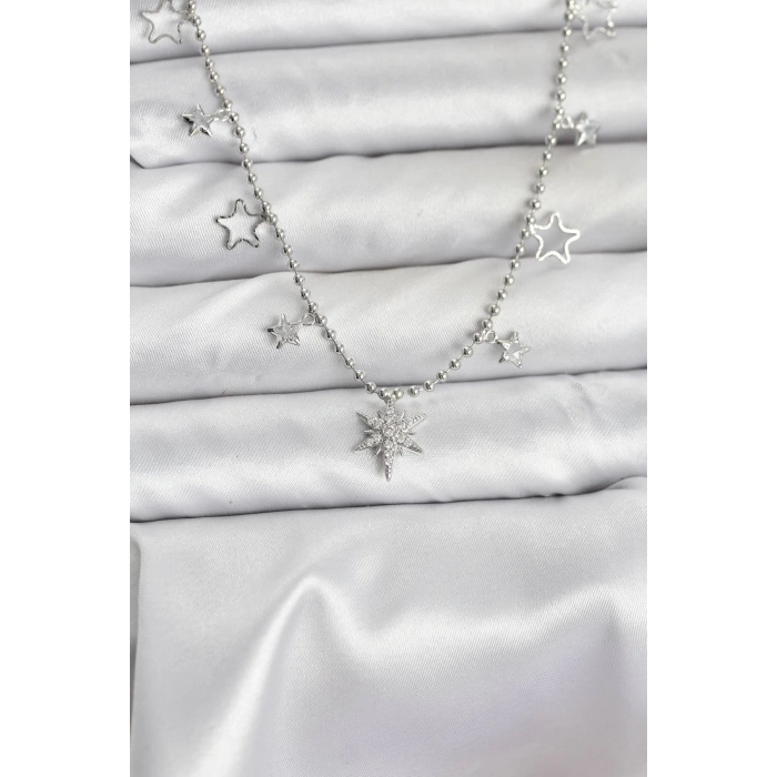 CEYLAN ADAM Pirinç Gümüş Renk Zirkon Taşlı Kutup Yıldızı Model Kadın Kolye