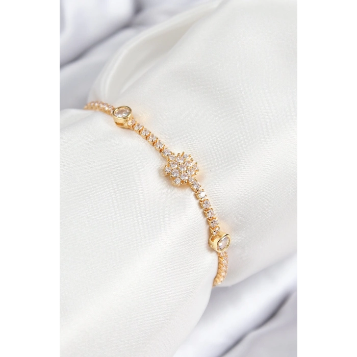 CEYLAN ADAM Pirinç Zirkon Taşlı Kar Tanesi Model Gold Renk Asansörlü Kadın Bileklik