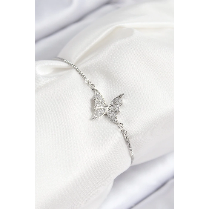 CEYLAN ADAM Pirinç Zirkon Taşlı Kelebek Model Gümüş Renk Asansörlü Kadın Bileklik