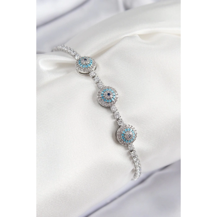 CEYLAN ADAM Pirinç Zirkon Taşlı Nazar Model Gümüş Renk Kadın Bileklik