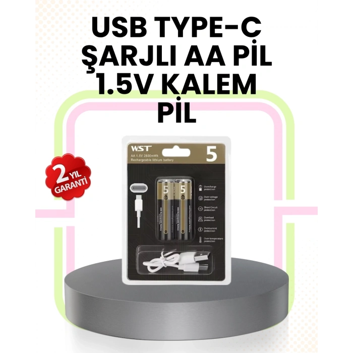 CEYLAN ADAM Tekrar Şarj Edilebilir AA USB Type-C Pil | 1000+ Döngü | 1.5V Sabit Voltaj