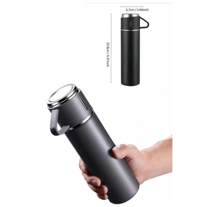 CEYLAN ADAM Termos Paslanmaz Çelik Termos Siyah Renk 3 Bardaklı Termos Seti