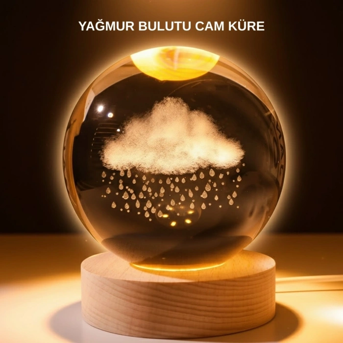 CEYLAN ADAM USB LED 3D Yağmur Bulutu Kristal Küre Sıcak Işıklı Ahşap Standlı Gece Lambası