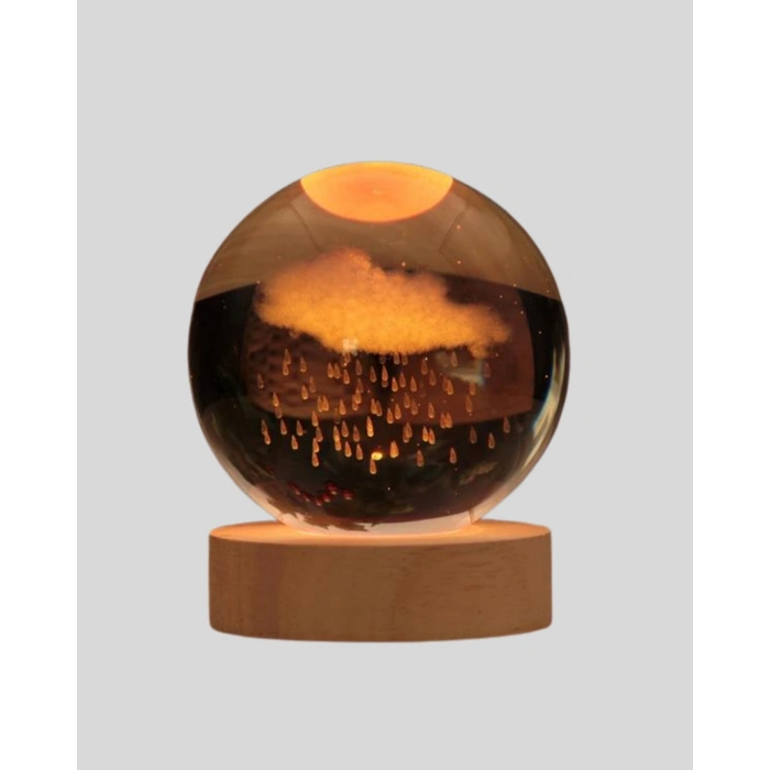 CEYLAN ADAM USB LED 3D Yağmur Bulutu Kristal Küre Sıcak Işıklı Ahşap Standlı Gece Lambası