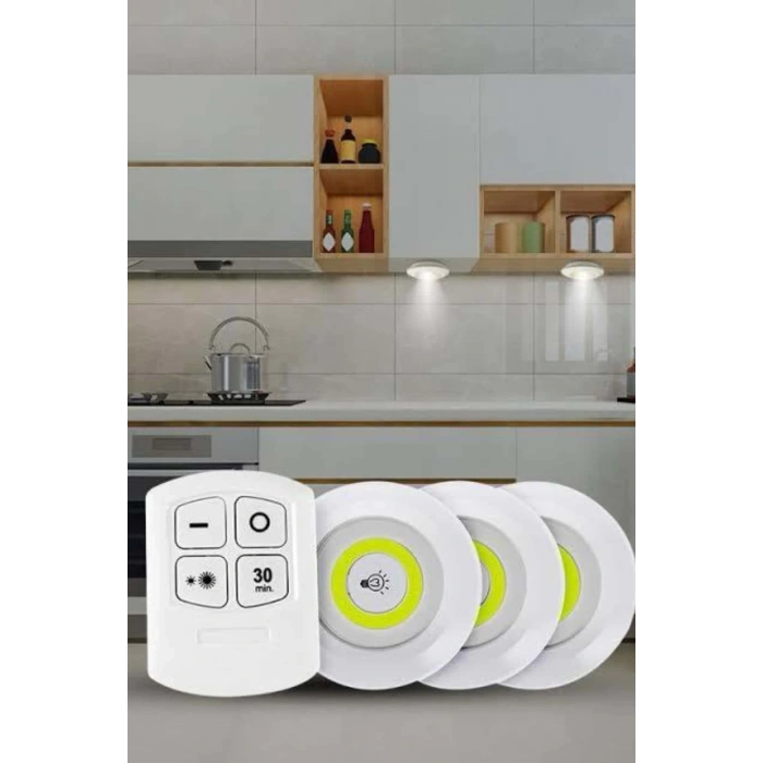 CEYLAN ADAM Yapışkanlı 3lü Spot Led Işık Lamba Montajsız Pilli Uzaktan Kumandalı