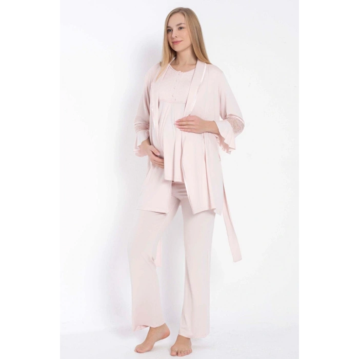 Kısa Kol Bisiklet Yaka Kadın Viskon Dantel Detaylı Hamile Pijama Takımı Sabahlık