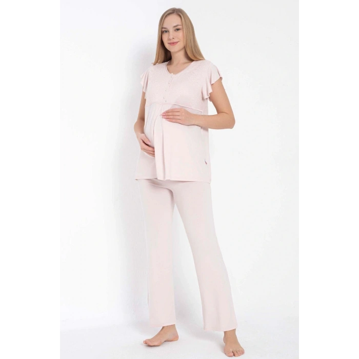 Kısa Kol Bisiklet Yaka Kadın Viskon Dantel Detaylı Hamile Pijama Takımı Sabahlık