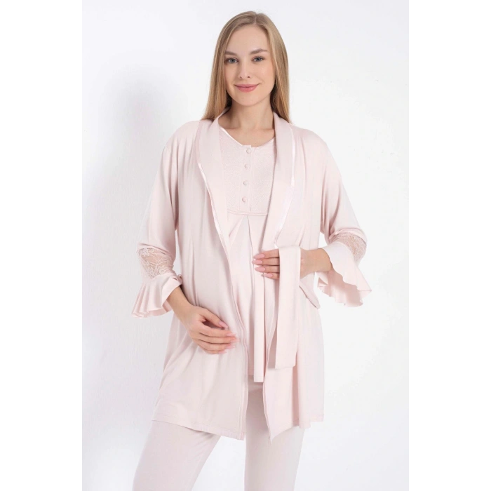Kısa Kol Bisiklet Yaka Kadın Viskon Dantel Detaylı Hamile Pijama Takımı Sabahlık