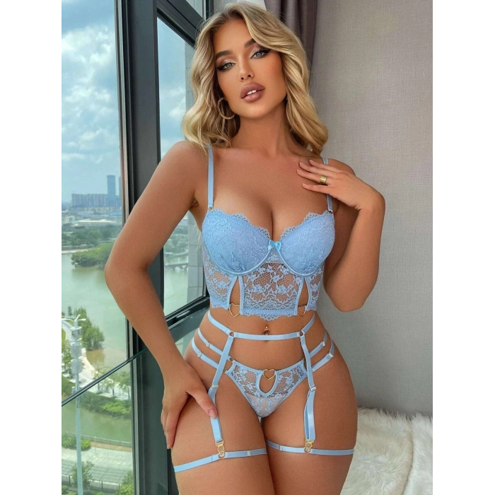 Mavi Dantelli Jartiyer Fantezi Seksi Büstiyer Takımı