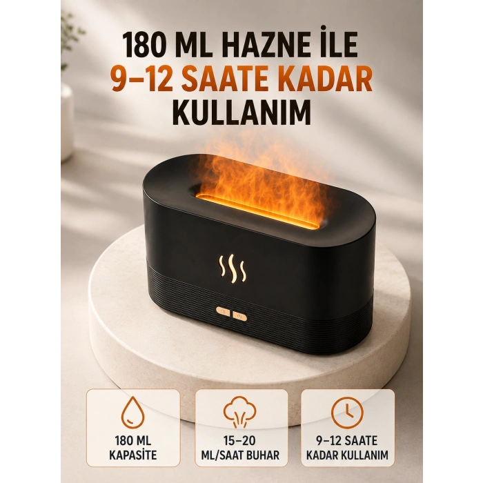 Mey İthalat® 180 ML Alev Efektli Aroma Difüzörü Ultrasonik Buharlı Aromaterapi Cihazı