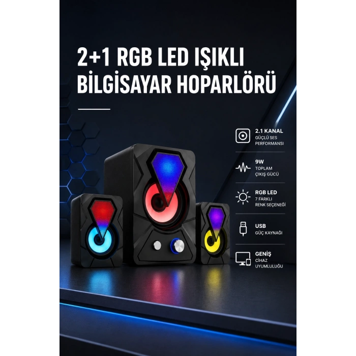 Mey İthalat® 2+1 RGB LED Işıklı Güçlü Bas Sistemli Bilgisayar Hoparlörü
