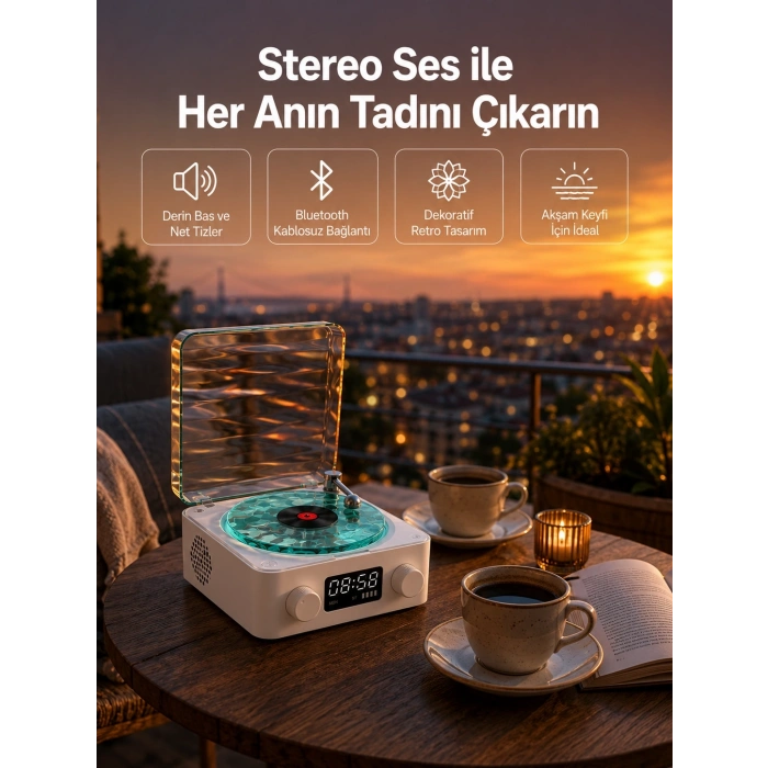 Mey İthalat® 3-1 Kablosuz Bluetooth Hoparlör – Gece Lambalı, Saatli, Retro Tasarım