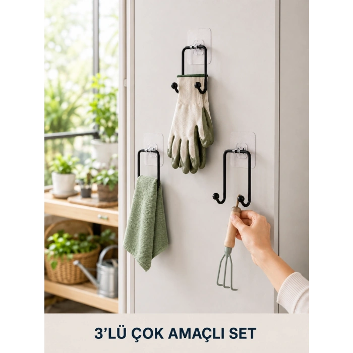 Mey İthalat® 3 Adet Yapışkanlı Askılık Çok Amaçlı Ev Düzenleme Askı Seti