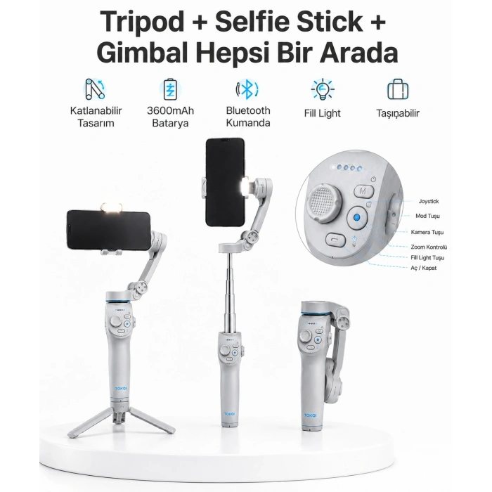 Mey İthalat® 3 Eksen Telefon Gimbal Stabilizer Yapay Zeka Takipli Katlanabilir Dahili Dolgu Işıklı Video Sabitleyici