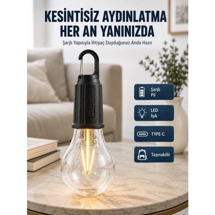 Mey İthalat® 3 Farklı Mod LEDli Şarjlı Asma Kancalı Kamp Lambası Taşınabilir Ampul