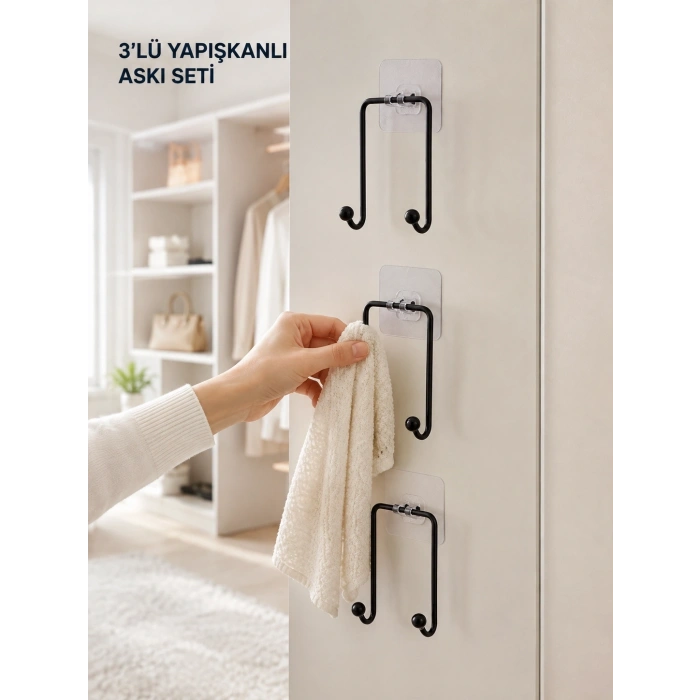 Mey İthalat® 3lü Duvar Tipi Yapışkanlı Askılık Ev ve Yaşam Alanları İçin Pratik Set