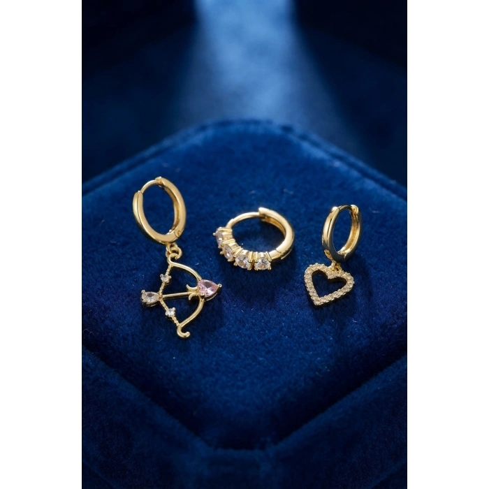 Mey İthalat® 3 lü Set Küpe Gold Renk Eros Yay Detaylı