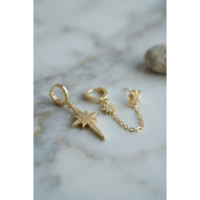 Mey İthalat® 3 lü Set Küpe Gold Renk Zincir Detaylı