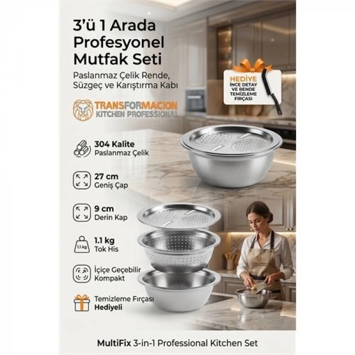 Mey İthalat®  3ü 1 Arada Profesyonel Mutfak Seti - Paslanmaz Çelik Rende, Süzgeç ve Karıştırma Kabı (27 cm) 723296