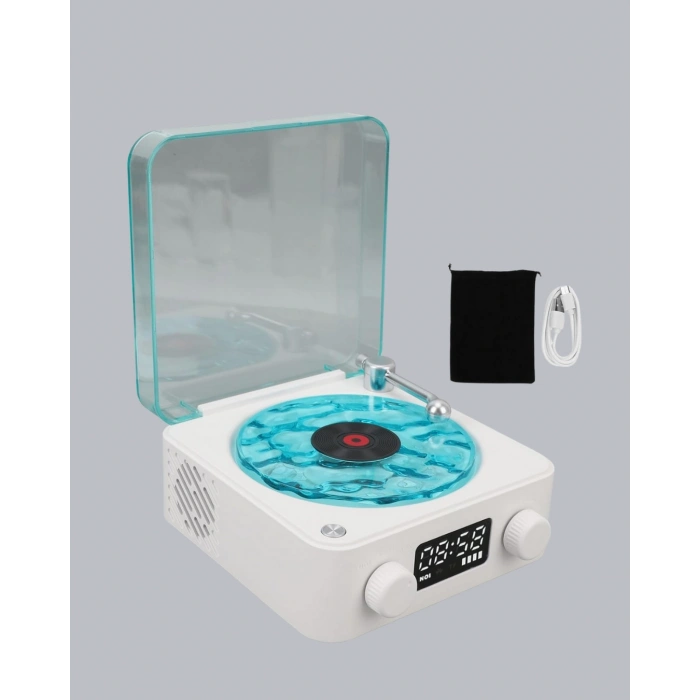 Mey İthalat® 3-ü-1 Gece Işığı Bluetooth Hoparlör Dijital Saat Vintage Plak Çalar Tasarımlı