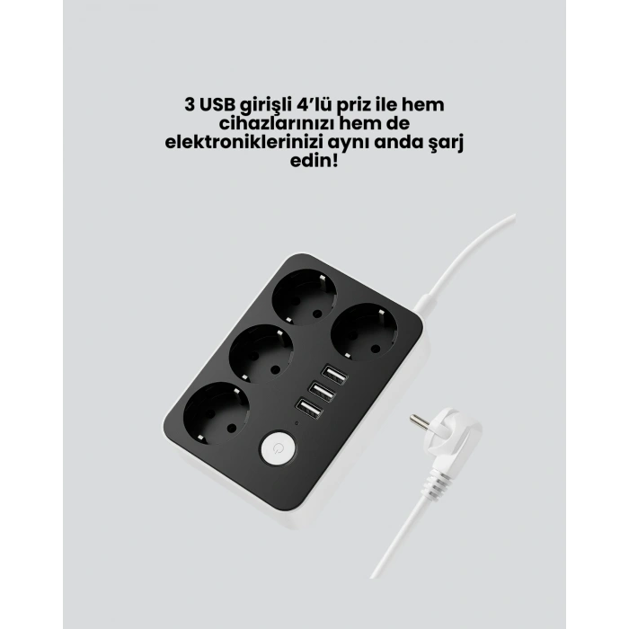Mey İthalat® 3 USB Çıkışlı 4’lü Akıllı Priz 2500W 2 Metre Kablo