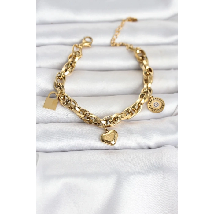 Mey İthalat® 316L Çelik Gold Renk Charmlı Kalın Burgu Model Kadın Bileklik