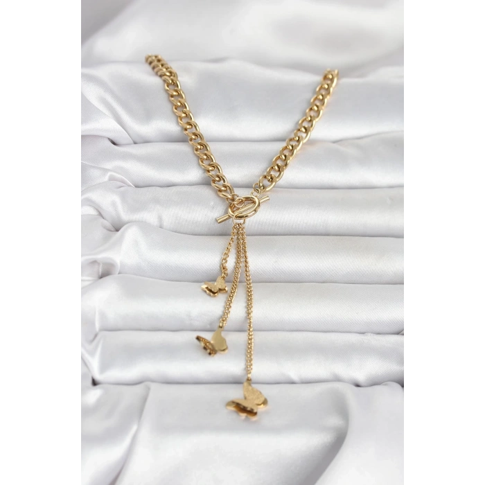 Mey İthalat® 316L Çelik Gold Renk Kelebek Sallantılı Kadın Kolye