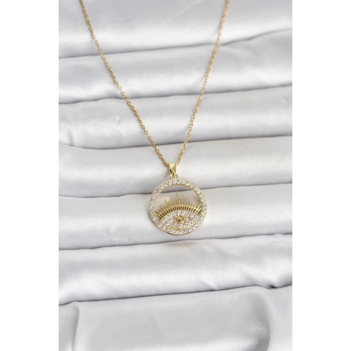 Mey İthalat® 316L Çelik Gold Renk Zirkon Taşlı Göz Model Kadın Kolye