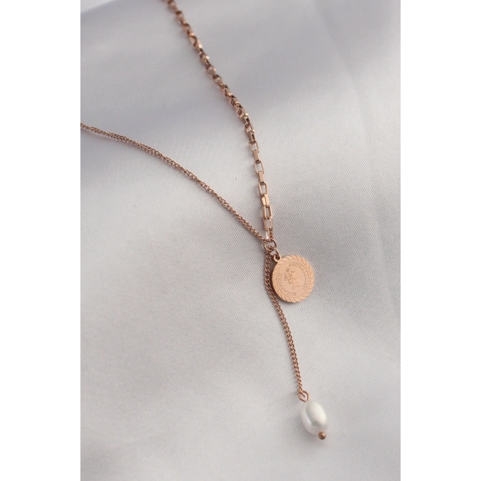 Mey İthalat® 316L Çelik Rose Renk İşlemeli Sallantılı Kadın Kolye