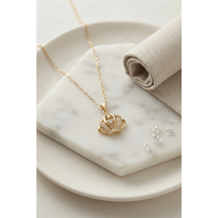 Mey İthalat® 316L Çelik Zincir Gold Renk Crown Model Kolye