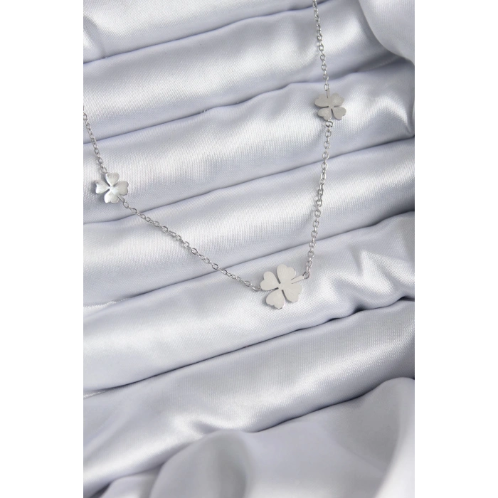 Mey İthalat® 316L Çelik Zincir Gümüş Renk Yonca Model Kadın Kolye