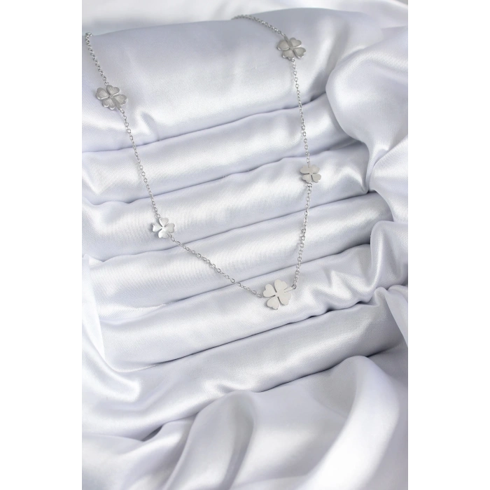 Mey İthalat® 316L Çelik Zincir Gümüş Renk Yonca Model Kadın Kolye