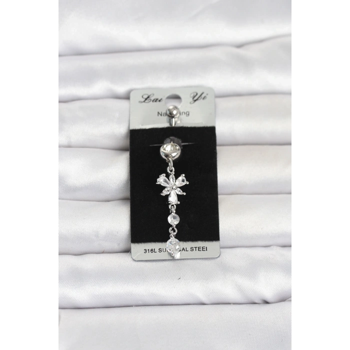 Mey İthalat® 316L Cerrahi Çelik Sallantılı Zirkon Taşlı Model Göbek Piercing