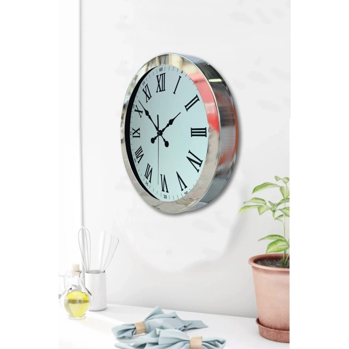 Mey İthalat® 36 cm Krom Metal Roma Rakamli Duvar Saati