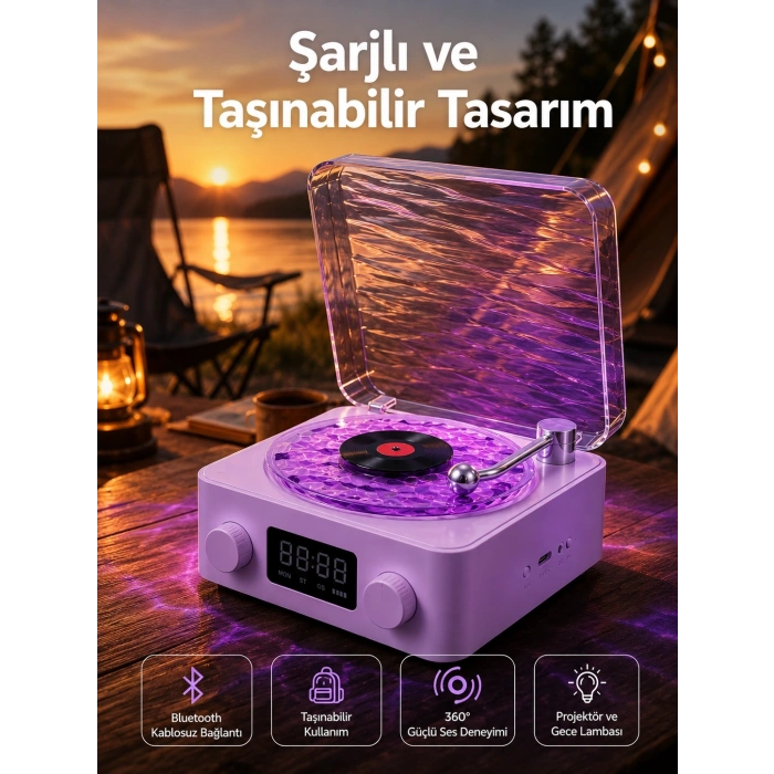 Mey İthalat® 360° Sesli Kablosuz Hoparlör – Retro Tasarım ve Projektör Işığı