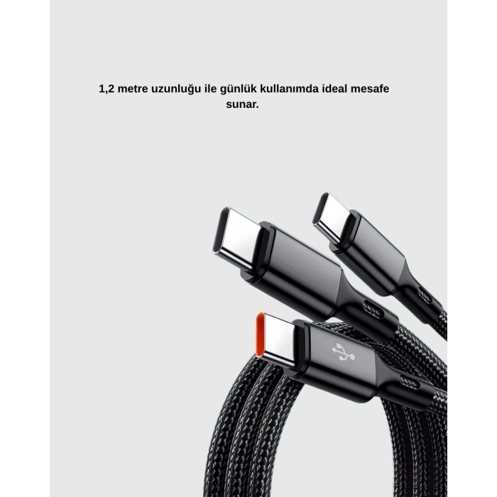 Mey İthalat® 3’ü 1 Arada Şarj Kablosu Type-C iOS Android Uyumlu Hızlı ve Güvenli Şarj