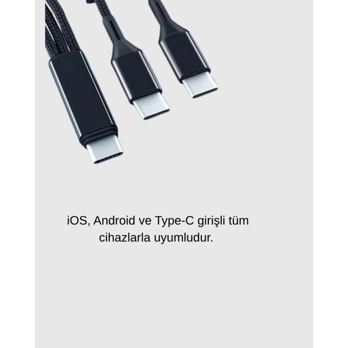 Mey İthalat® 3’ü 1 Arada Şarj Kablosu Type-C iOS Android Uyumlu Hızlı ve Güvenli Şarj