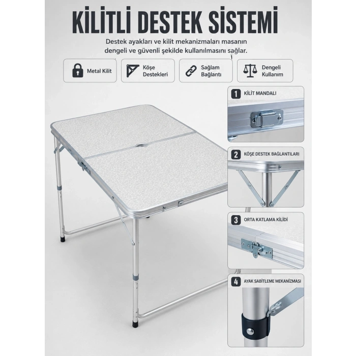 Mey İthalat® 4 Kişilik Katlanabilir Kamp Masası Seti 4 Tabureli 50-65 cm Ayarlanabilir Yükseklik
